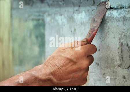 Plaster worker applying plaster with a trowel on the dry wall, closeup photo Stock Photo