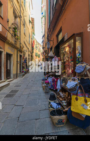 Souvenirs and local crafts and typical colorful houses in the old alleys of Portovenere La Spezia province Liguria Italy Europe Stock Photo