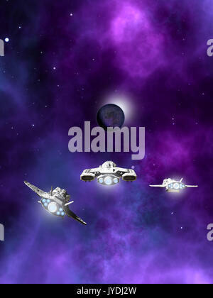 Fleet of Spaceships Approaching a Planetary Nebula Stock Photo