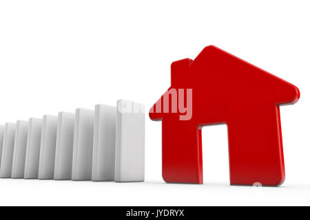 A row of dominos wih a red house. Housing concept. 3D Rendering Stock Photo