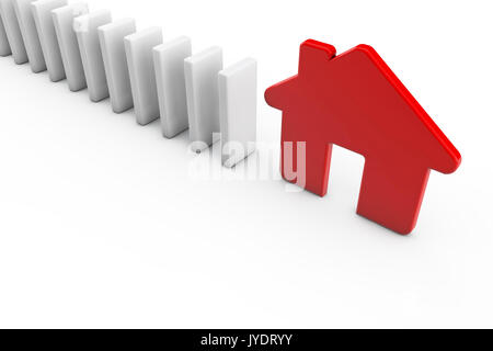 A row of dominos wih a red house. Housing concept. 3D Rendering Stock Photo