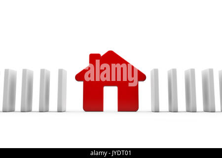 A row of dominos wih a red house. Housing concept. 3D Rendering Stock Photo