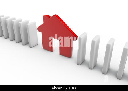 A row of dominos wih a red house. Housing concept. 3D Rendering Stock Photo