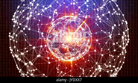 Abstract network sphere with moving numbers, lines and dots - seamless loop animation Stock Photo