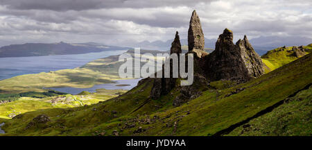 The Old Man of Storr, caught in sunlight Stock Photo
