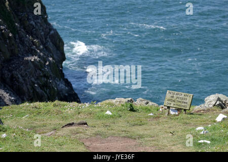 19th May 2017 - Sign for research area, no access on the island of Skomer on the West coast of Wales Stock Photo