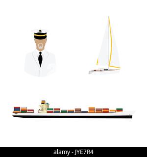 Vector illustration old sea captain in white uniform. Sailor. Seaman. Sailing luxury yacht and cargo ship with containers Stock Vector