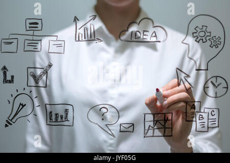 Businesswoman writing with marker on virtual screen with copy space for text. Stock Photo