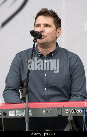Roy Stride of Scouting for Girls performs on the Supervene Stage at V Festival at Weston Park in Shifnal, Staffordshire. Stock Photo