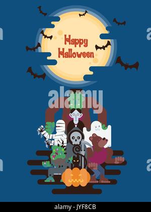 Halloween character group standing under glowing moon and clouds at night with bats in simple cartoon style Stock Vector