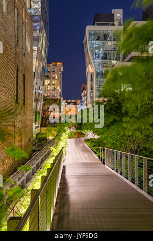 The High Line promenade at night in the heart of Chelsea. Manhattan, New York City