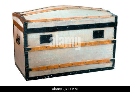 Wooden treasure style chest with dents and scratches on a isolated white background Stock Photo