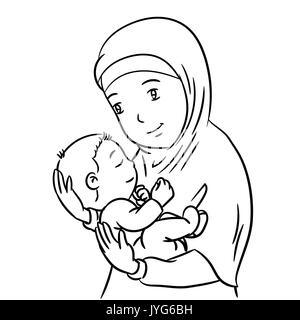 Hand Drawing of a Muslim Mother with demonstration of affection for his son - Vector Illustration Stock Vector