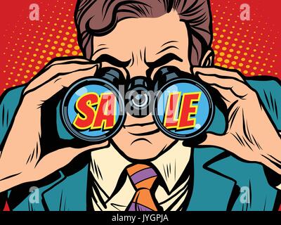 Sale Businessman looking through binoculars Stock Vector