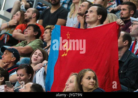 Moscow, Russia. 18th Aug, 2017. CSKA Moscow's fans root for their team in the Moscow Mayor's Ice Hockey Cup match against Dynamo Moscow at Megasport Arena. Credit: Sergei Bobylev/TASS/Alamy Live News