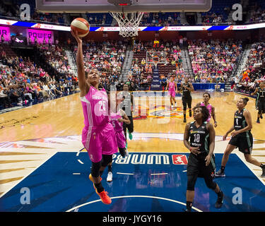 Uncasville, Connecticut, USA. 18 August, 2017. Connecticut Sun forward Alyssa Thomas (25) shoots during the WNBA basketball game between the New York Liberty and the Connecticut Sun at Mohegan Sun Arena. New York defeated Connecticut 82-70. Chris Poss/Alamy Live News Stock Photo