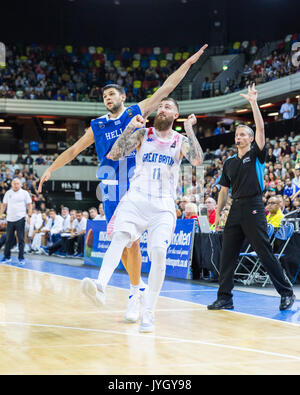 Copper Box Arena, London, UK, 19th August 2017. Gareth Murray, GB (11) watches a shot. Tensions run high in the Team GB Men's game v. Greece in the Queen Elizabeth Olympic Park, Copper Box Arena, in this high profile preparation game.The game is Britain's only home game staged in the UK before they compete at FIBA EuroBasket 2017. The GB men are coached by Joe Prunty. Greece win 88-84. Stock Photo