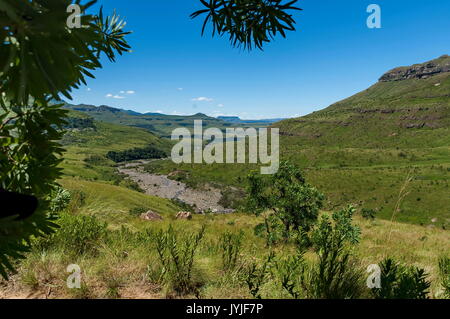 Dry course of one river from Thukela waterfall in Drakensberg mountain, South Africa Stock Photo