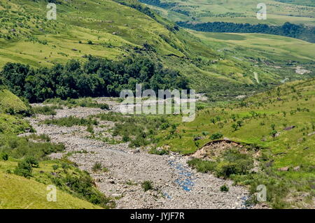 Dry course of one river from Thukela waterfall in Drakensberg mountain, South Africa Stock Photo