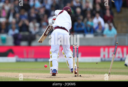 West Indies Kemar Roach is bowled by England's Stuart Broad during day three of the First Investec Test match at Edgbaston, Birmingham. PRESS ASSOCIATION Photo. Picture date: Saturday August 19, 2017. See PA story CRICKET England. Photo credit should read: David Davies/PA Wire. Stock Photo