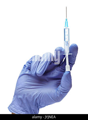 Man's hand in medical glove holds a syringe isolated on white background. Medical concept. Close up. High resolution product Stock Photo
