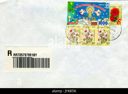 GOMEL, BELARUS - AUGUST 12, 2017: Old envelope which was dispatched from Belarus to Gomel, Belarus, August 12, 2017. Stock Photo