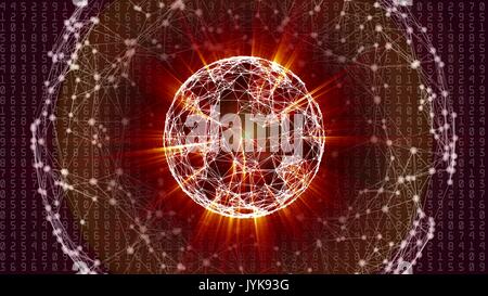 Abstract network sphere with moving numbers, lines and dots - seamless loop animation Stock Photo