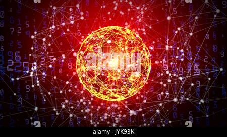 Abstract network sphere with moving numbers, lines and dots - seamless loop animation Stock Photo