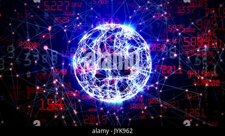 Abstract network sphere with moving numbers, lines and dots - seamless loop animation Stock Photo
