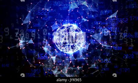 Abstract network sphere with moving numbers, lines and dots - seamless loop animation Stock Photo