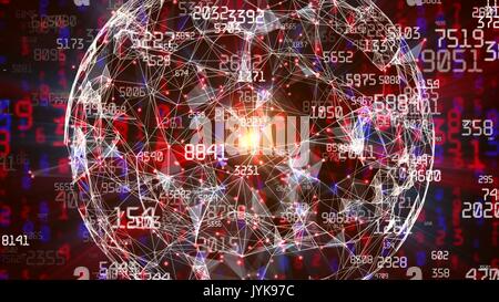 Abstract network sphere with moving numbers, lines and dots - seamless loop animation Stock Photo