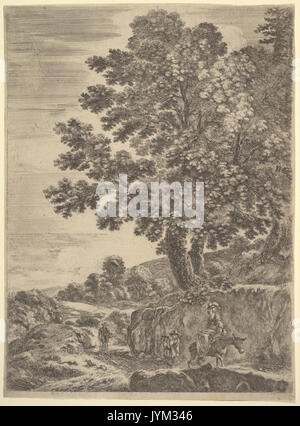 A young woman seated on a donkey wearing a hat with a feather riding towards the right, two men follow to left, a large tree above to right, from 'Four large landscapes' (Quatre grands paysages en hauteur) MET DP827782 Stock Photo