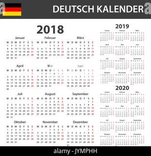 German Calendar for 2018, 2019 and 2020. Scheduler, agenda or diary template. Week starts on Monday Stock Vector