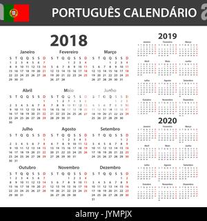 Portuguese Calendar for 2018, 2019 and 2020. Scheduler, agenda or diary template. Week starts on Monday Stock Vector