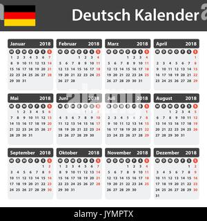 German Calendar for 2018. Scheduler, agenda or diary template. Week starts on Monday Stock Vector