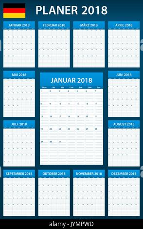 German Planner blank for 2018. Scheduler, agenda or diary template. Week starts on Monday Stock Vector