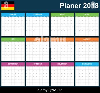 German Planner blank for 2018. Scheduler, agenda or diary template. Week starts on Monday Stock Vector