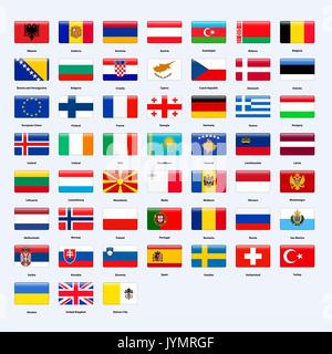 Set of flags of all countries of Europe. Rectangle glossy style. Stock Vector