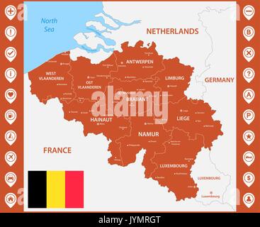 The detailed map of the Belgium with regions or states and cities, capitals. With map pins or pointers. Place location markers or signs Stock Vector