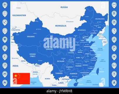 The detailed map of China with regions or states and cities, capitals. With map pins or pointers. Place location markers or signs Stock Vector