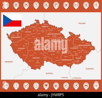 The detailed map of the Czech Republic with regions or states and cities, capitals. With map pins or pointers. Place location markers or signs Stock Vector