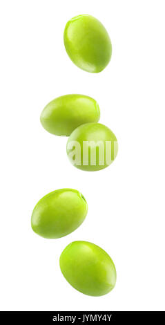 Isolated falling olives. Five green olive fruits in the air isolated on white background with clipping path Stock Photo
