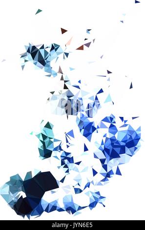 Abstract color splash shape. Triangulated geometric low poly background, indigo blue and emerald green shades. Isolated on white. For your design. Stock Vector