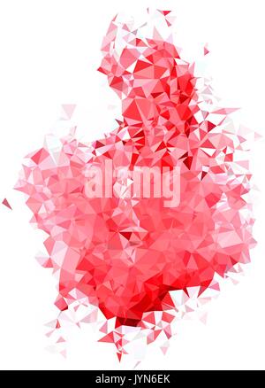 Abstract color splash shape. Triangulated geometric low poly background, pink and red shades, looks like a tree. Isolated on white. For your design. Stock Vector