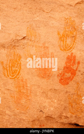 North America; United States; Utah;  Canyonlands National Park;  Cave Spring;  Aboriginal Art; American Indian; Anasazi Pictographs; Hand Prints Stock Photo