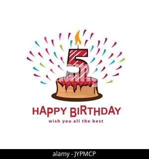 playful birthday illustration, cake with number five, illustration design, isolated on white background Stock Vector