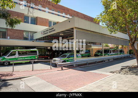 Ambulance vehicles parked at Emergency Department entrance, Royal Perth Hospital, Perth City, Western Australia Stock Photo