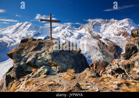 Swiss Alps with glaciers against blue sky, Zermatt area, Switzerland Stock Photo