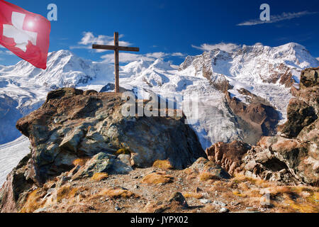 Swiss Alps with glaciers against blue sky, Zermatt area, Switzerland Stock Photo