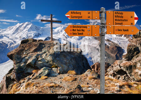 Swiss Alps with glaciers against blue sky, Zermatt area, Switzerland Stock Photo